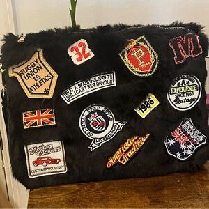 Oversized Black Faux Fur Wristlet with Colorful Patches